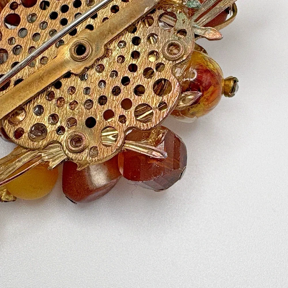 Vintage Brooch Flower AB Artglass Honey Bronze Thermoset Rhinestone MCM
